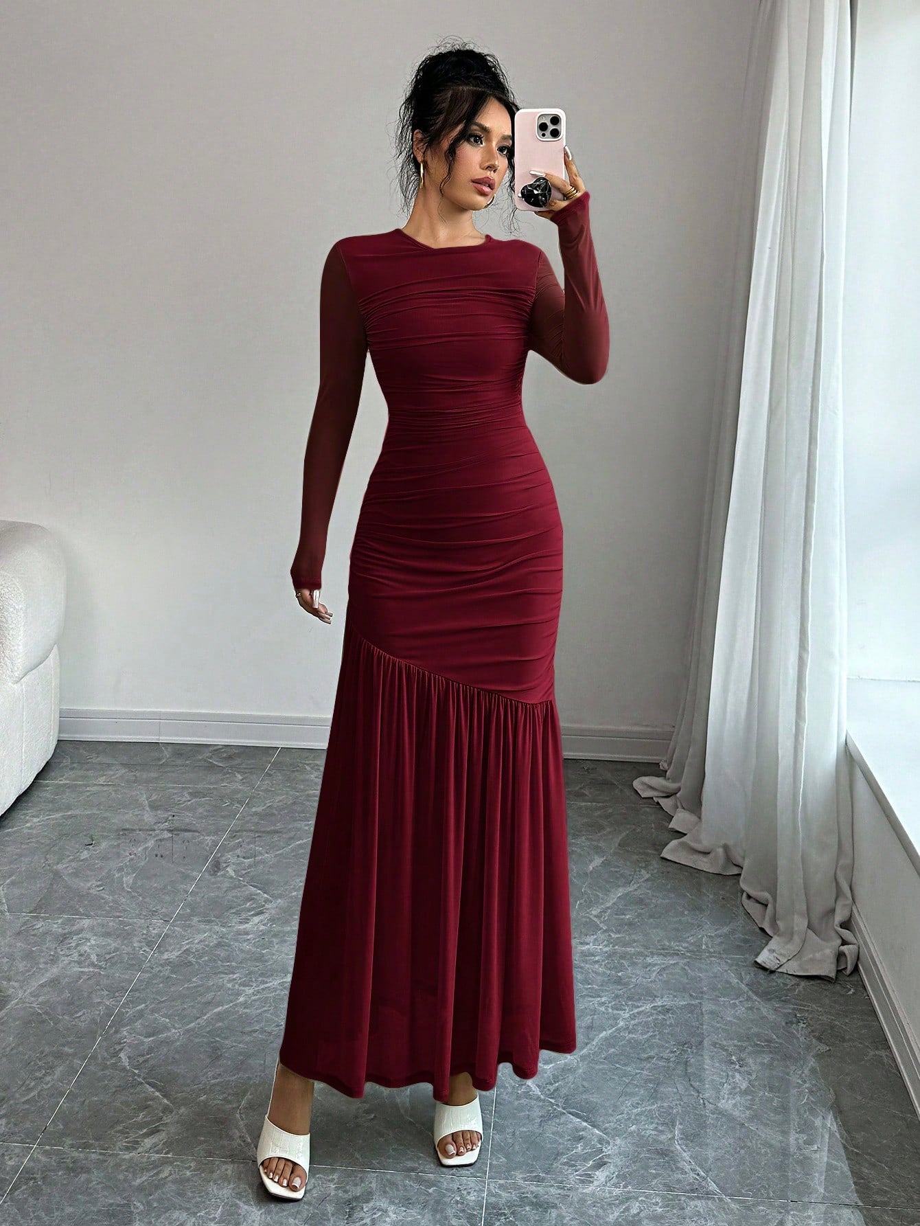 Firerie Women's Long Sleeve Round Neck Mesh Dress, Suitable For Autumn Seasonal Clothing, Back To School, Teacher's Attire Dining Burgundy Elegant