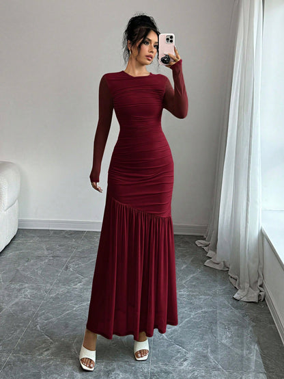 Firerie Women's Long Sleeve Round Neck Mesh Dress, Suitable For Autumn Seasonal Clothing, Back To School, Teacher's Attire Dining Burgundy Elegant