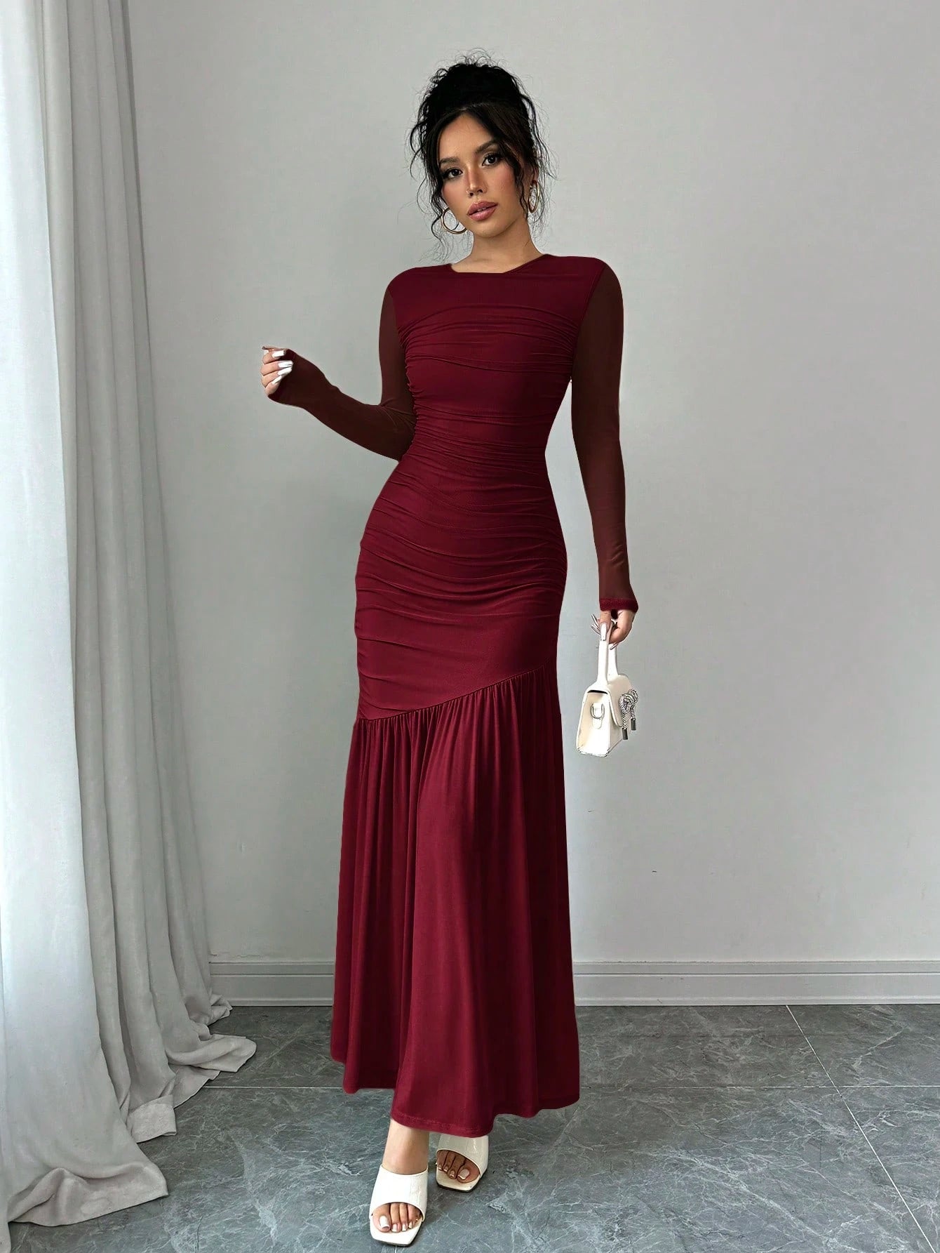 Firerie Women's Long Sleeve Round Neck Mesh Dress, Suitable For Autumn Seasonal Clothing, Back To School, Teacher's Attire Dining Burgundy Elegant