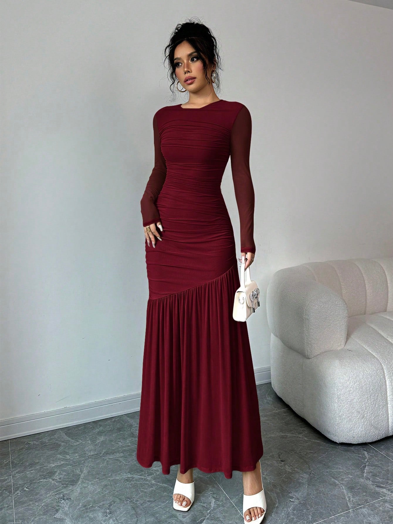 Firerie Women's Long Sleeve Round Neck Mesh Dress, Suitable For Autumn Seasonal Clothing, Back To School, Teacher's Attire Dining Burgundy Elegant