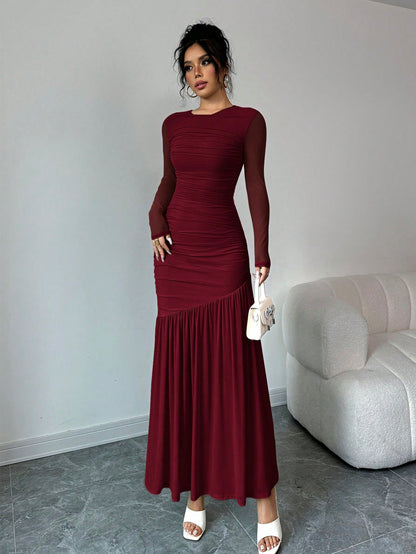 Firerie Women's Long Sleeve Round Neck Mesh Dress, Suitable For Autumn Seasonal Clothing, Back To School, Teacher's Attire Dining Burgundy Elegant