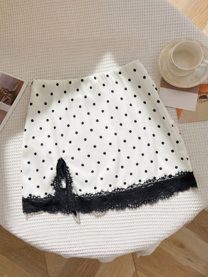 Flirla French Classic Elegant Autumn/Winter New Polka Dot Design Hem Splice Sexy Lace Decor Valentine's Day Chic Party Series Women Skirt
