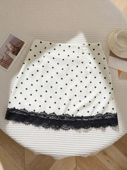 Flirla French Classic Elegant Autumn/Winter New Polka Dot Design Hem Splice Sexy Lace Decor Valentine's Day Chic Party Series Women Skirt