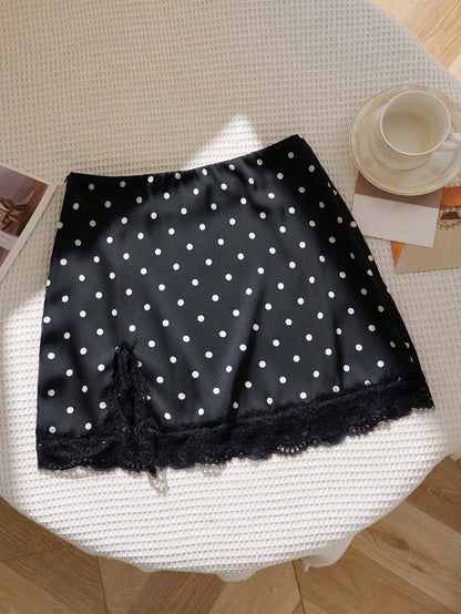 Flirla French Classic Elegant Autumn/Winter New Polka Dot Design Hem Splice Sexy Lace Decor Valentine's Day Chic Party Series Women Skirt
