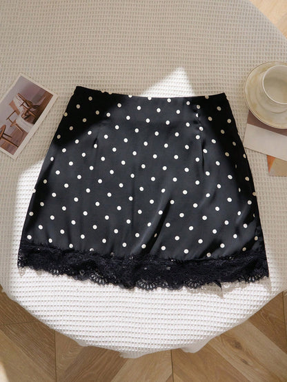 Flirla French Classic Elegant Autumn/Winter New Polka Dot Design Hem Splice Sexy Lace Decor Valentine's Day Chic Party Series Women Skirt