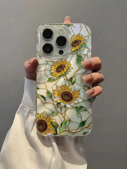 Flower Feather Chiffon E-Style Stained Glass Sunflower Painted Anti-Drop Phone Case Compatible With IPhone 14, 14 Pro, 14 Pro Max, 13, 13 Pro, 13 Pro Max, 11, 11 Pro Max, 12, 12 Pro, 12 Pro Max, XR, X