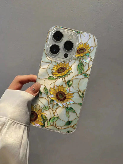 Flower Feather Chiffon E-Style Stained Glass Sunflower Painted Anti-Drop Phone Case Compatible With IPhone 14, 14 Pro, 14 Pro Max, 13, 13 Pro, 13 Pro Max, 11, 11 Pro Max, 12, 12 Pro, 12 Pro Max, XR, X