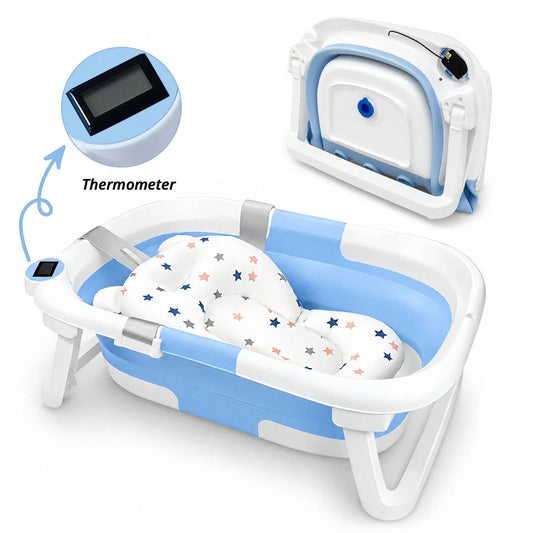 Foldable Baby Bathtub, Suitable For Newborns To Infants Aged 0-36 Months, Comes With A Soft Cushion And Thermometer,Portable Travel Baby Tub For New