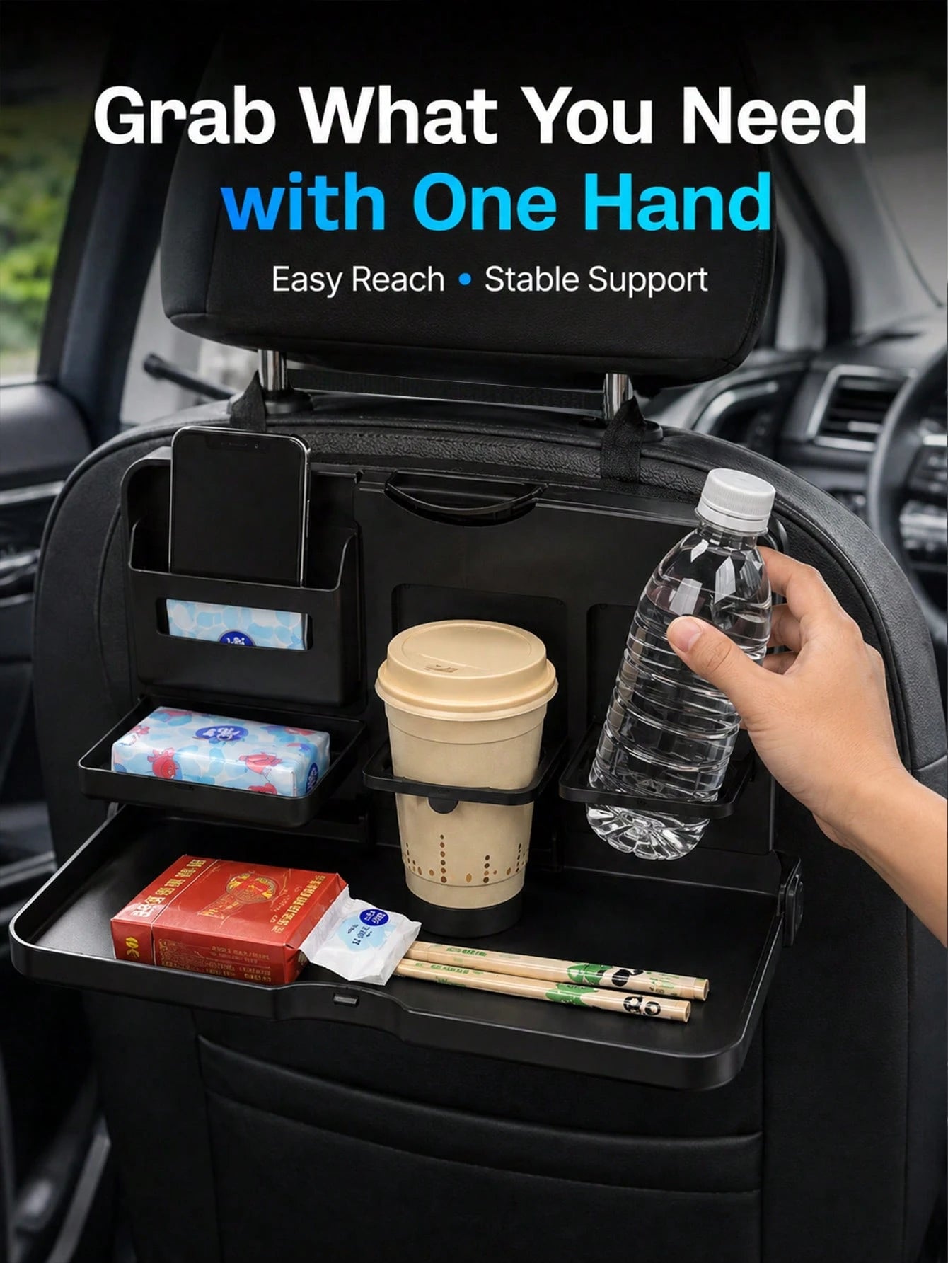 Foldable Car Back Seat Organizer With Tray, Multifunctional Rear Seat Storage Rack With Cup Holder, Phone Slot And Hidden Hooks, ABS Material Car Travel Table For Food, Drinks And Electronic Devices