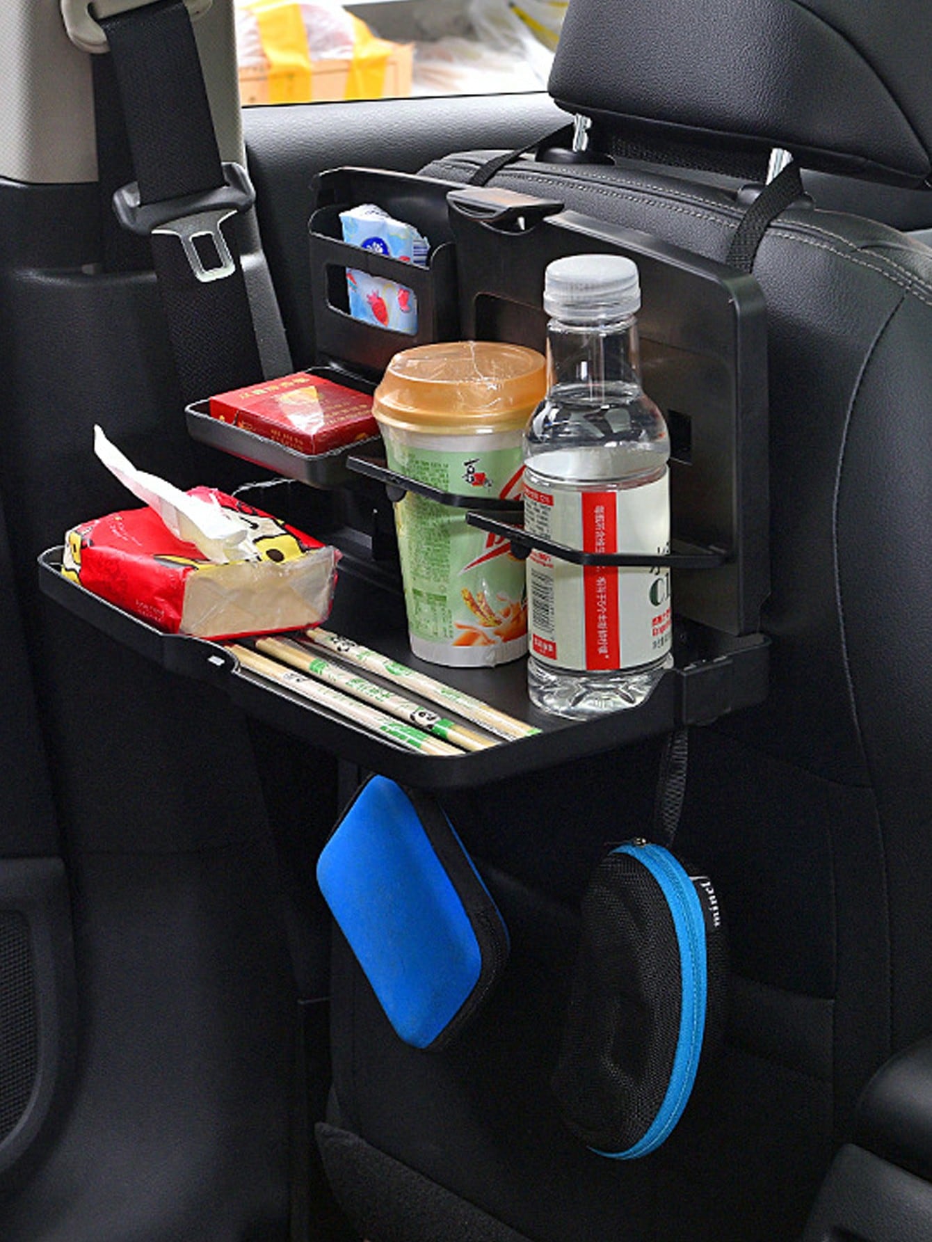 Foldable Car Back Seat Organizer With Tray, Multifunctional Rear Seat Storage Rack With Cup Holder, Phone Slot And Hidden Hooks, ABS Material Car Travel Table For Food, Drinks And Electronic Devices