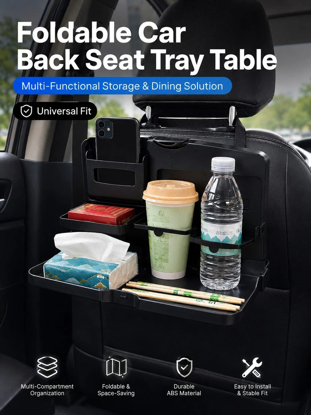 Foldable Car Back Seat Organizer With Tray, Multifunctional Rear Seat Storage Rack With Cup Holder, Phone Slot And Hidden Hooks, ABS Material Car Travel Table For Food, Drinks And Electronic Devices