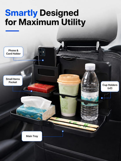Foldable Car Back Seat Organizer With Tray, Multifunctional Rear Seat Storage Rack With Cup Holder, Phone Slot And Hidden Hooks, ABS Material Car Travel Table For Food, Drinks And Electronic Devices