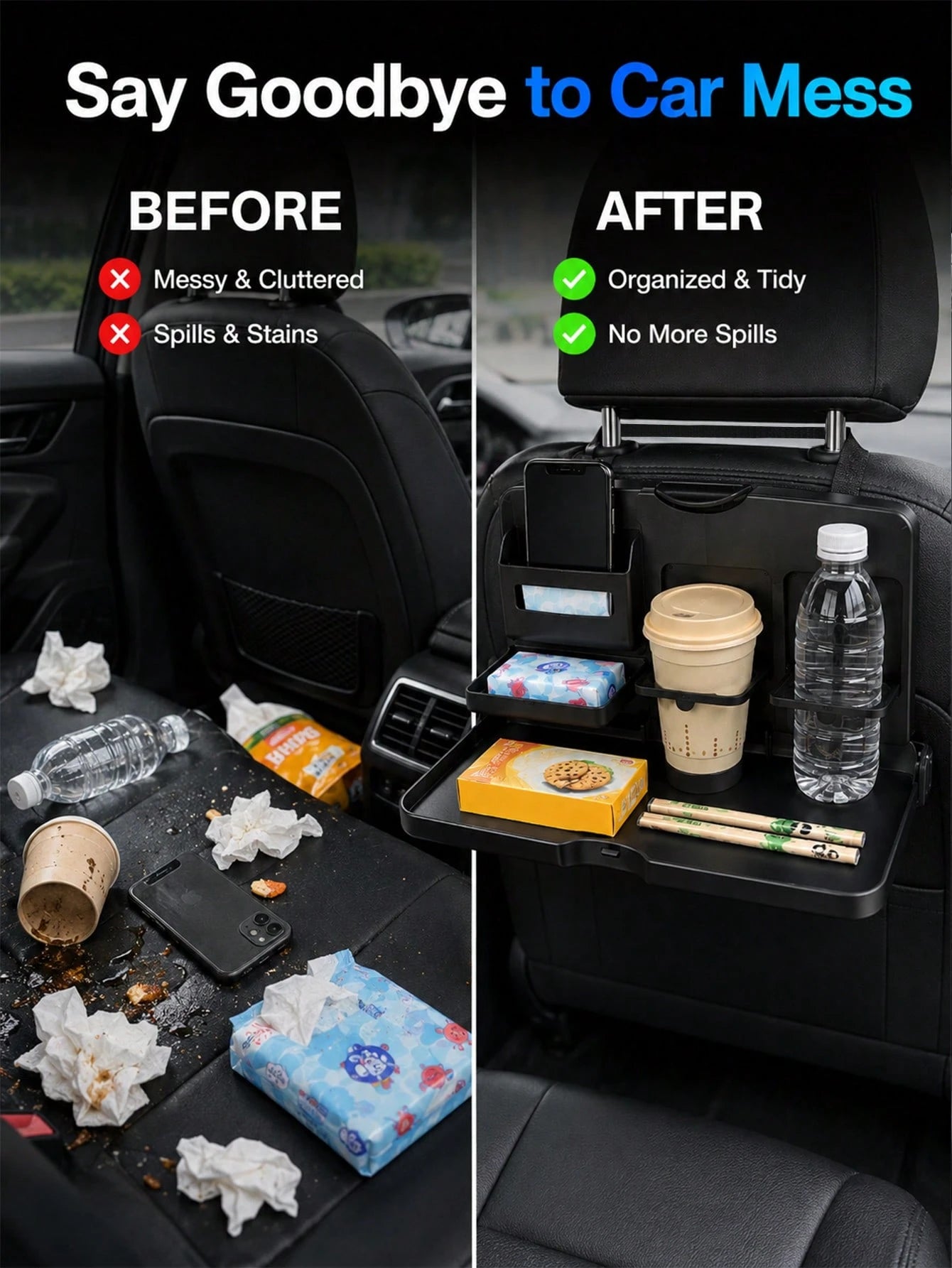 Foldable Car Back Seat Organizer With Tray, Multifunctional Rear Seat Storage Rack With Cup Holder, Phone Slot And Hidden Hooks, ABS Material Car Travel Table For Food, Drinks And Electronic Devices