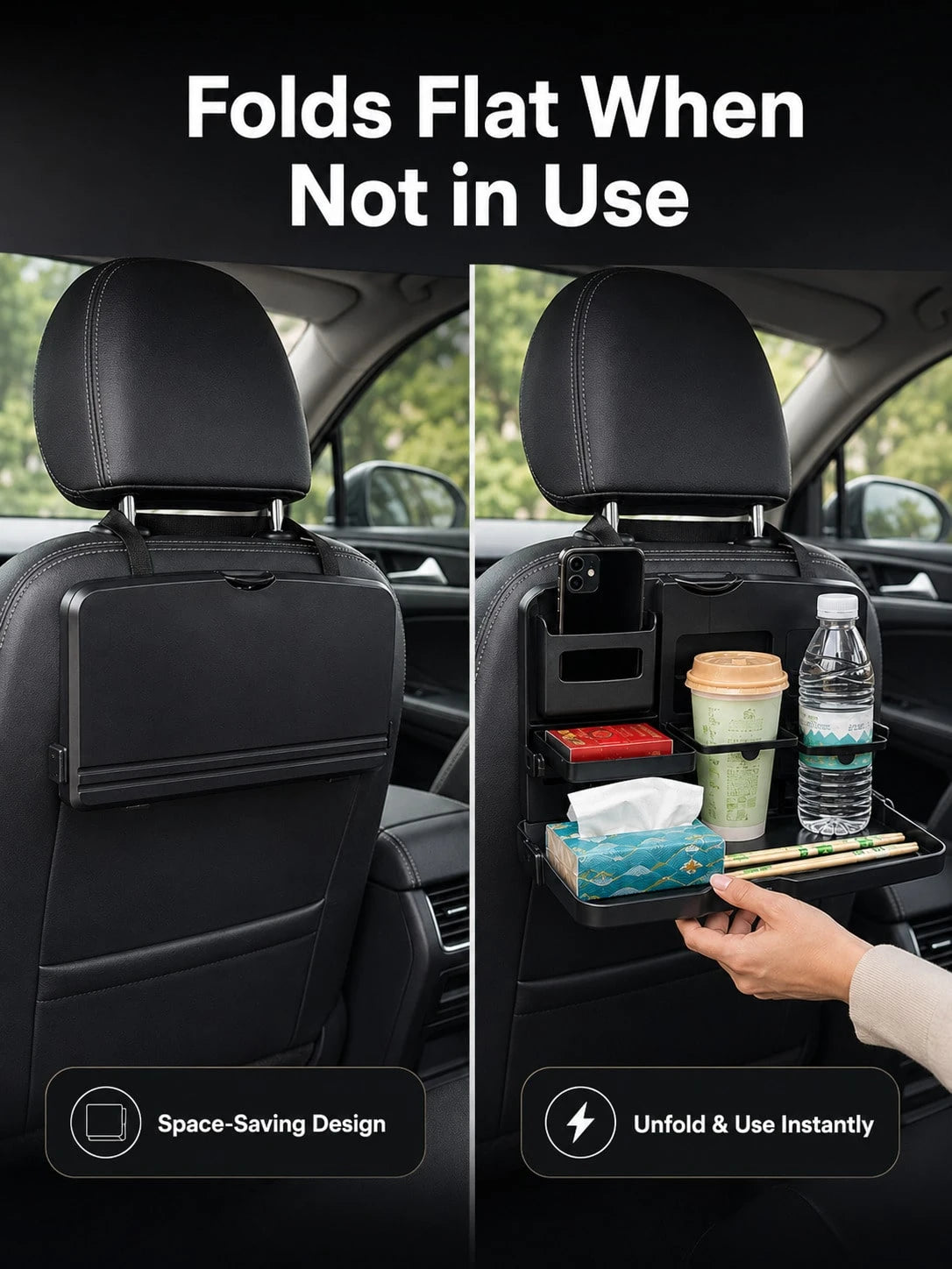 Foldable Car Back Seat Organizer With Tray, Multifunctional Rear Seat Storage Rack With Cup Holder, Phone Slot And Hidden Hooks, ABS Material Car Travel Table For Food, Drinks And Electronic Devices