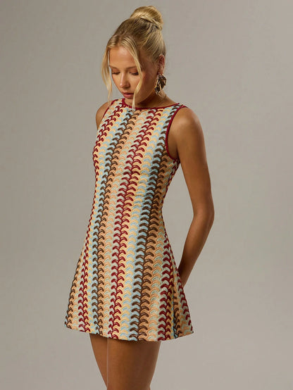 Forever 21 Women's All Over Graphic Print Round Neck Casual 1960s Vintage 70s Elegant Tank Dress Brunch Beige Summer