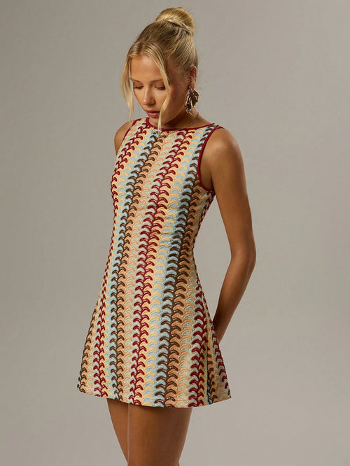 Forever 21 Women's All Over Graphic Print Round Neck Casual 1960s Vintage 70s Elegant Tank Dress Brunch Beige Summer