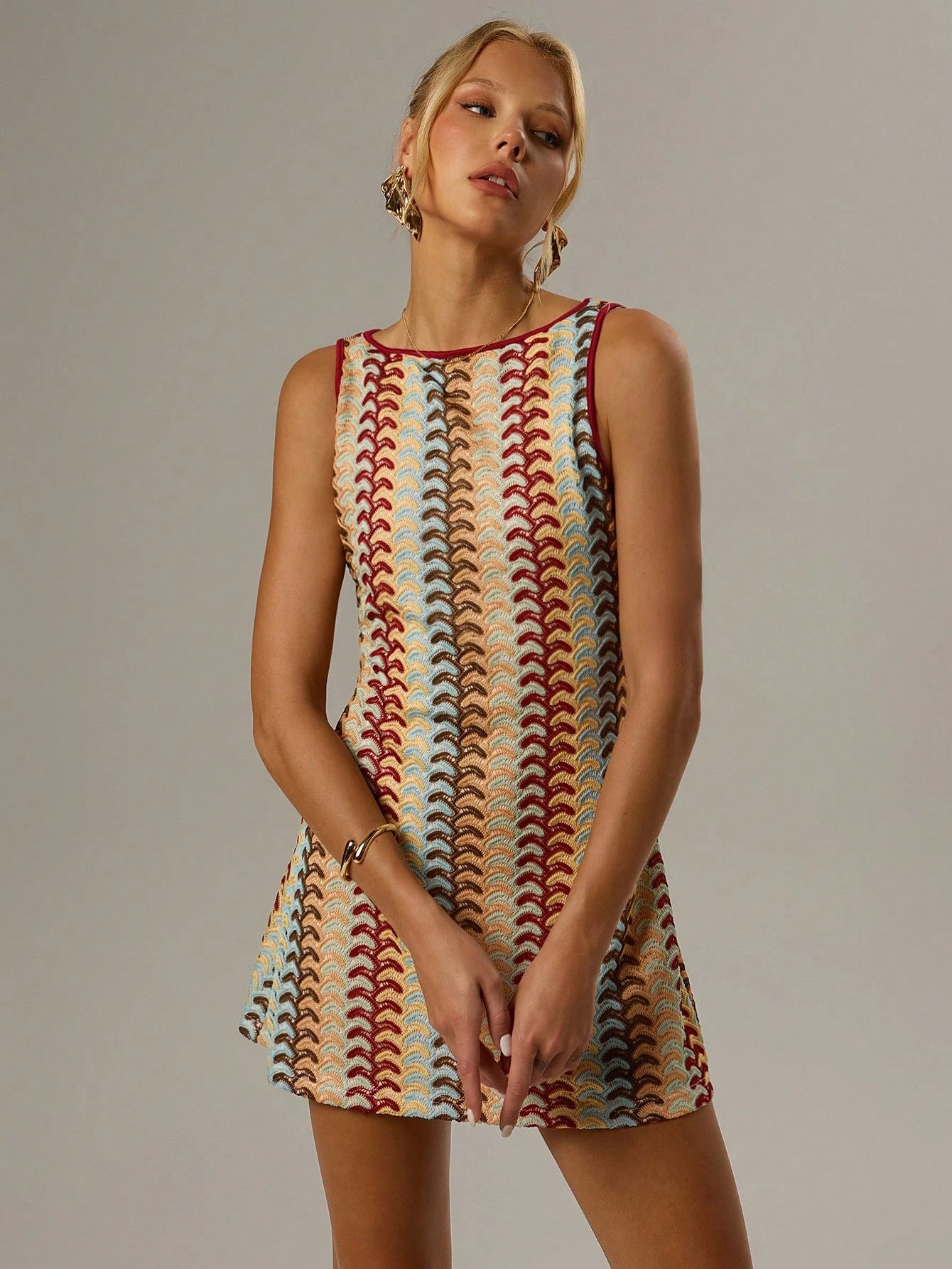 Forever 21 Women's All Over Graphic Print Round Neck Casual 1960s Vintage 70s Elegant Tank Dress Brunch Beige Summer