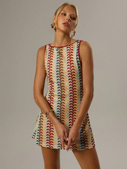 Forever 21 Women's All Over Graphic Print Round Neck Casual 1960s Vintage 70s Elegant Tank Dress Brunch Beige Summer