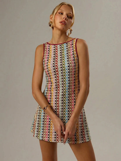 Forever 21 Women's All Over Graphic Print Round Neck Casual 1960s Vintage 70s Elegant Tank Dress Brunch Beige Summer