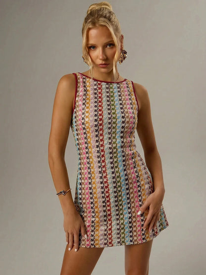 Forever 21 Women's All Over Graphic Print Round Neck Casual 1960s Vintage 70s Elegant Tank Dress Brunch Beige Summer