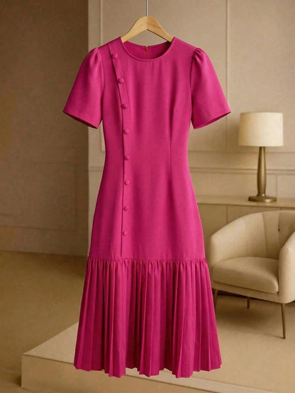 Franclia Elegant Women's Mid-Length Dress Round Neck Button Hem Pink Summer Tea Party Fuchsia Pleated Short Sleeve Zanea Dress,Good Quality Ladies Dresses