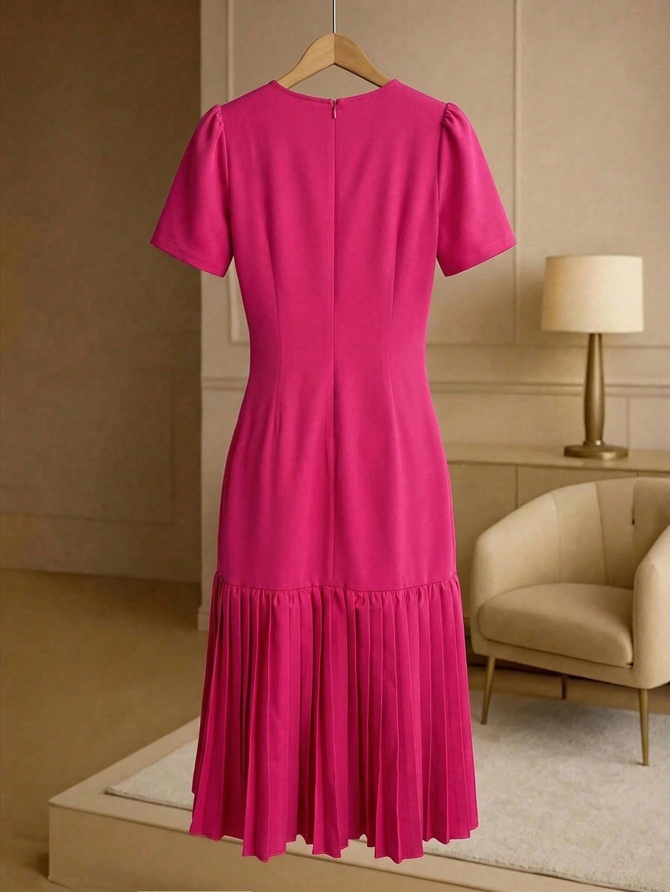 Franclia Elegant Women's Mid-Length Dress Round Neck Button Hem Pink Summer Tea Party Fuchsia Pleated Short Sleeve Zanea Dress,Good Quality Ladies Dresses