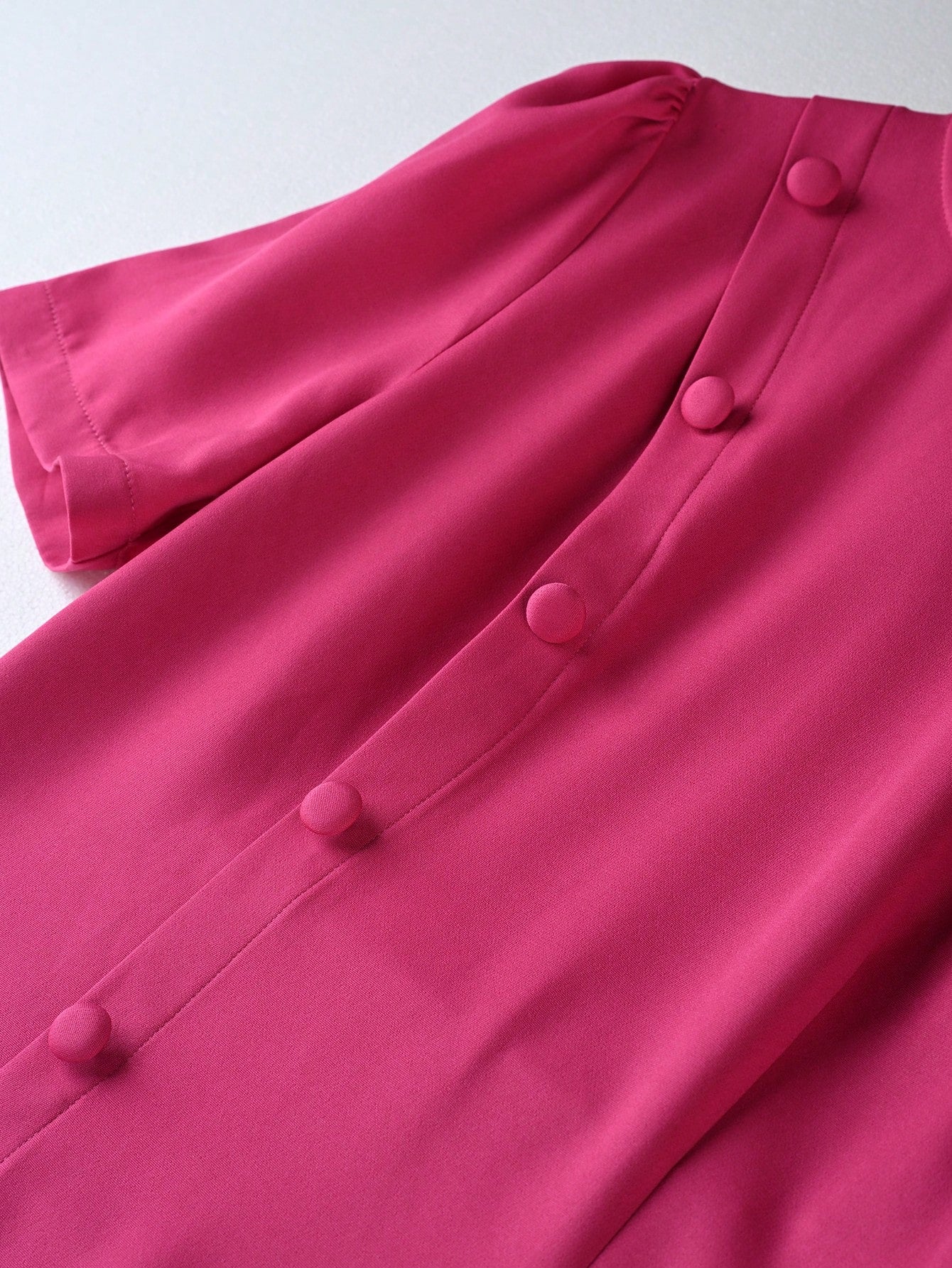 Franclia Elegant Women's Mid-Length Dress Round Neck Button Hem Pink Summer Tea Party Fuchsia Pleated Short Sleeve Zanea Dress,Good Quality Ladies Dresses