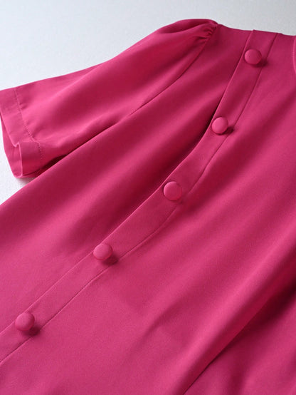 Franclia Elegant Women's Mid-Length Dress Round Neck Button Hem Pink Summer Tea Party Fuchsia Pleated Short Sleeve Zanea Dress,Good Quality Ladies Dresses