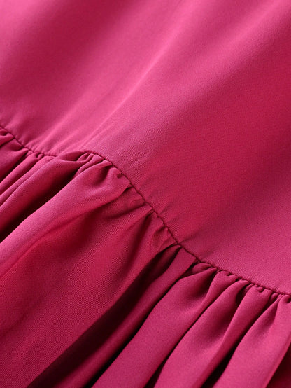 Franclia Elegant Women's Mid-Length Dress Round Neck Button Hem Pink Summer Tea Party Fuchsia Pleated Short Sleeve Zanea Dress,Good Quality Ladies Dresses