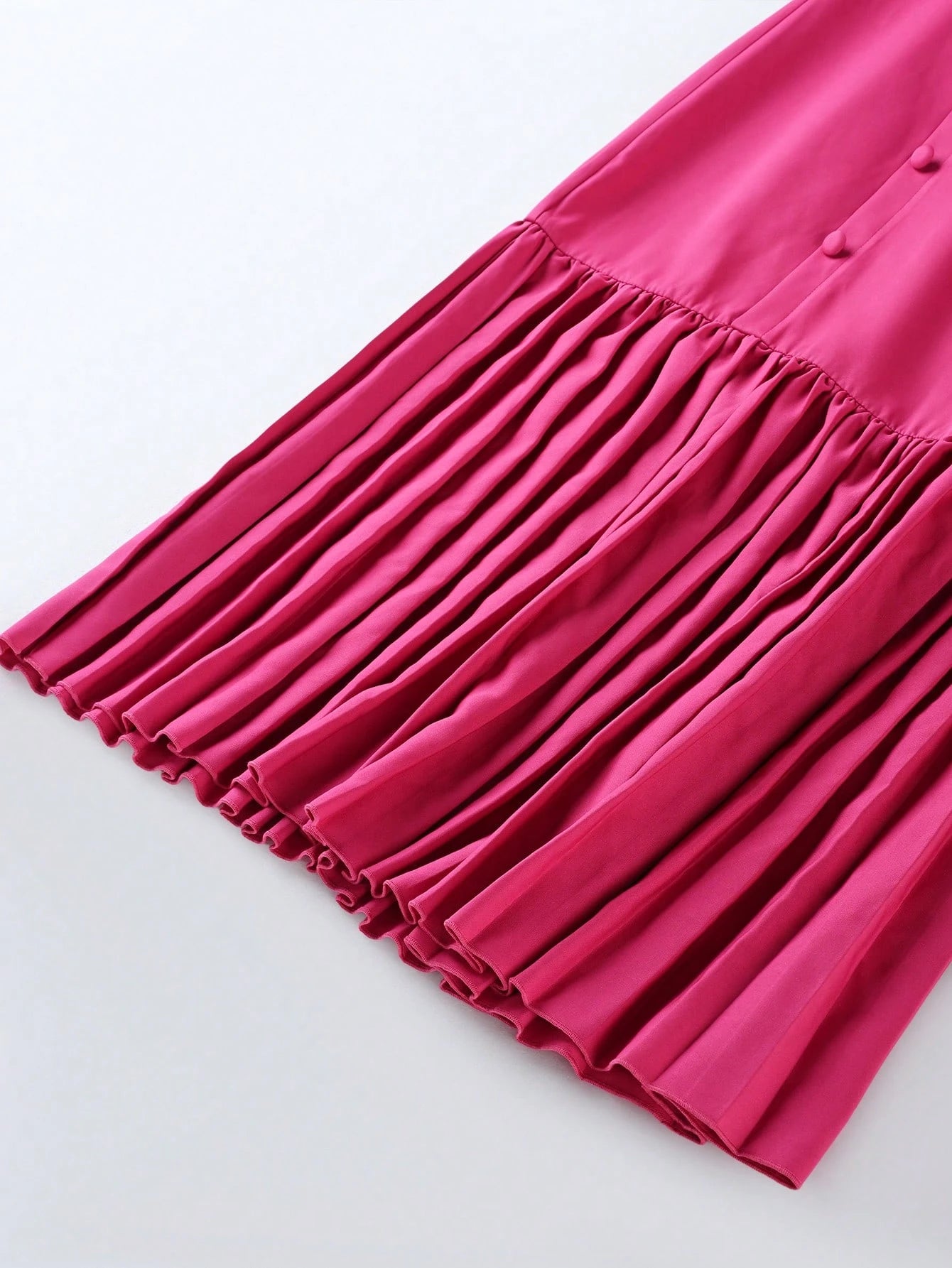 Franclia Elegant Women's Mid-Length Dress Round Neck Button Hem Pink Summer Tea Party Fuchsia Pleated Short Sleeve Zanea Dress,Good Quality Ladies Dresses