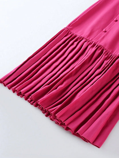 Franclia Elegant Women's Mid-Length Dress Round Neck Button Hem Pink Summer Tea Party Fuchsia Pleated Short Sleeve Zanea Dress,Good Quality Ladies Dresses