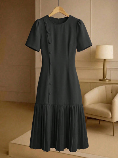 Franclia Elegant Women's Mid-Length Dress Round Neck Button Hem Pink Summer Tea Party Fuchsia Pleated Short Sleeve Zanea Dress,Good Quality Ladies Dresses