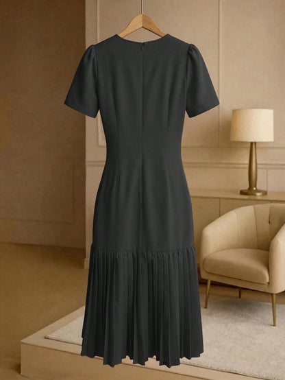 Franclia Elegant Women's Mid-Length Dress Round Neck Button Hem Pink Summer Tea Party Fuchsia Pleated Short Sleeve Zanea Dress,Good Quality Ladies Dresses