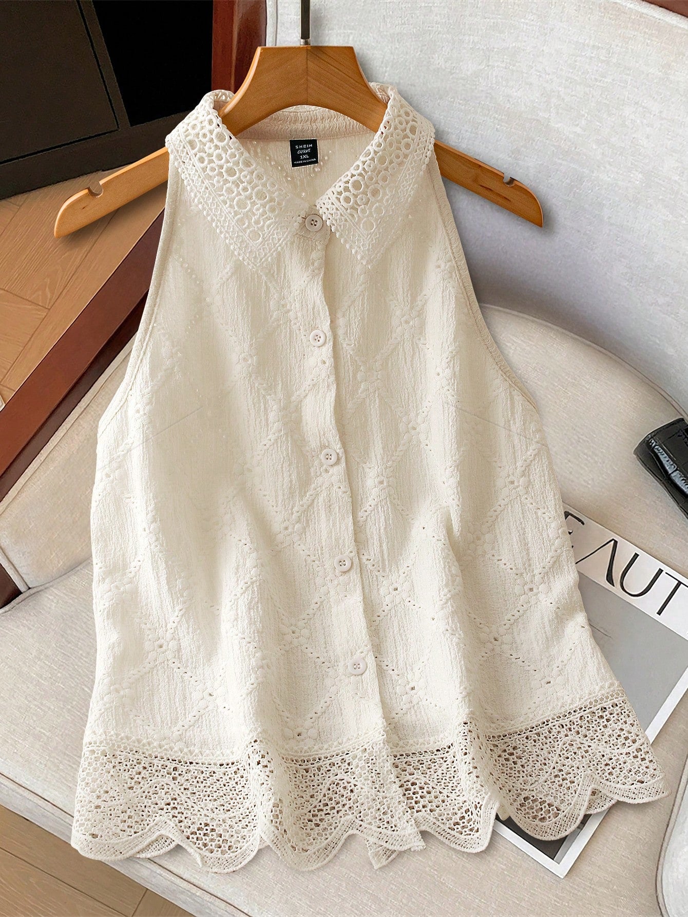 Franclia Plus Size Summer Lace Patchwork Button Front Halter Shirt