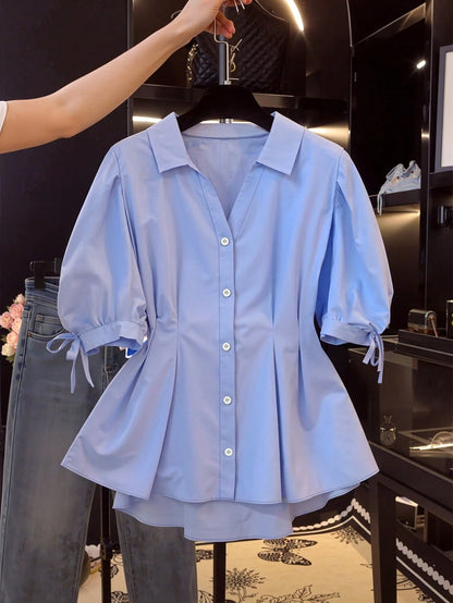 Franclia Plus Size Women's Summer Casual Solid Color Puff Sleeve Fitted Top