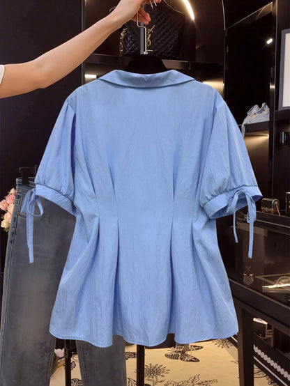 Franclia Plus Size Women's Summer Casual Solid Color Puff Sleeve Fitted Top