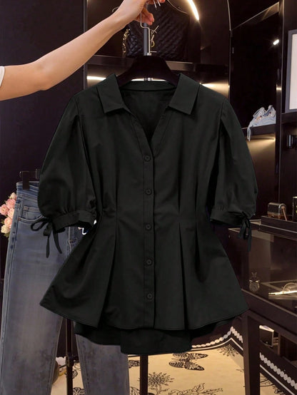 Franclia Plus Size Women's Summer Casual Solid Color Puff Sleeve Fitted Top