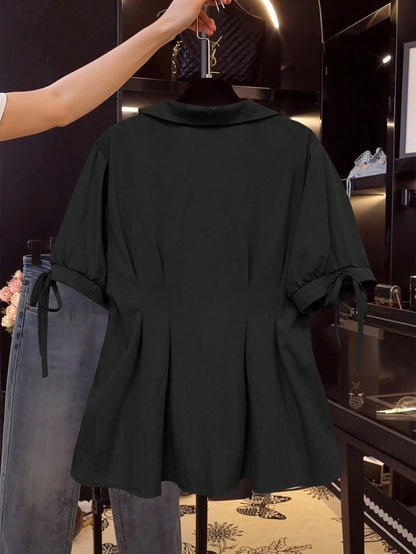 Franclia Plus Size Women's Summer Casual Solid Color Puff Sleeve Fitted Top