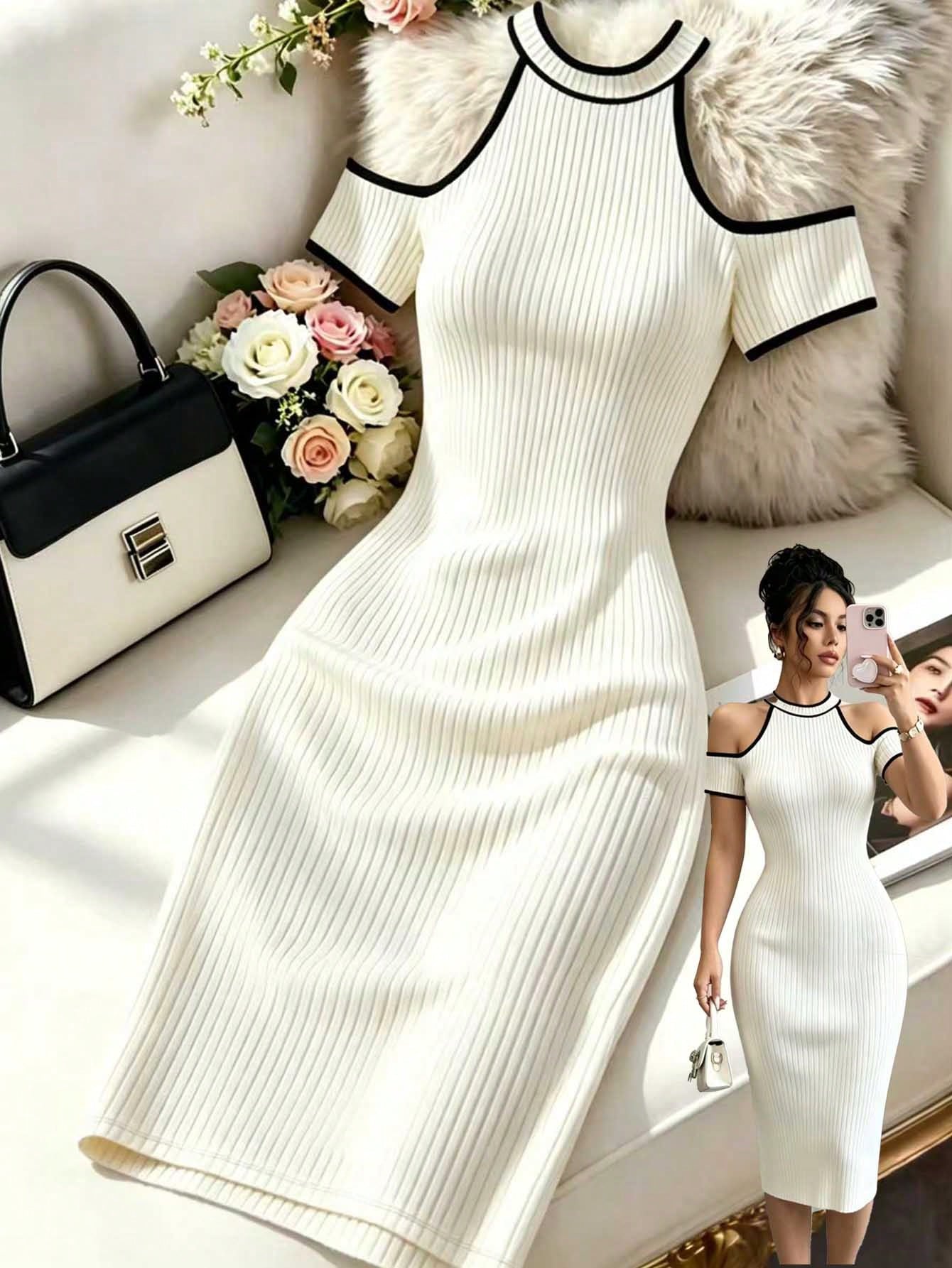 Franclia Women's Contrast Color Off-Shoulder Elegant Waist Cinched Midi Party Dress