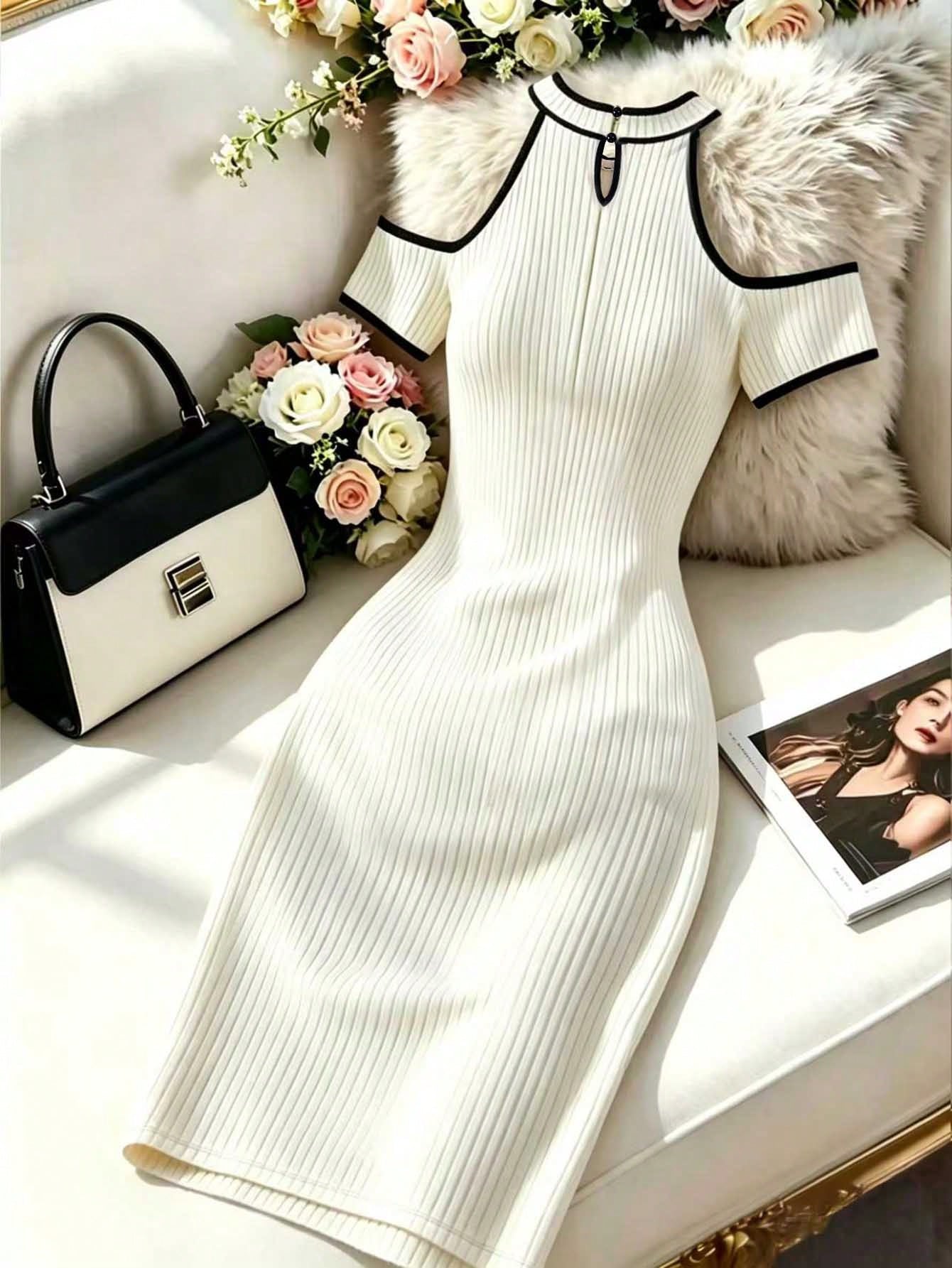 Franclia Women's Contrast Color Off-Shoulder Elegant Waist Cinched Midi Party Dress