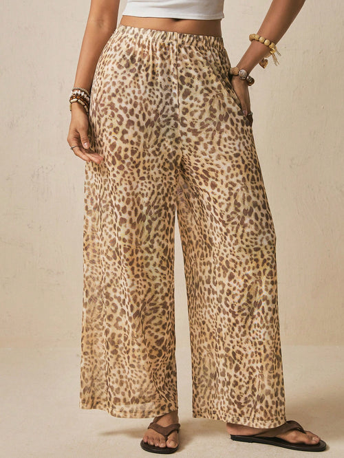 Freevana Boho Beach Vacation Style Sexy Leopard Print Drawstring Wide Leg Pants Flowy Cover Up Trousers