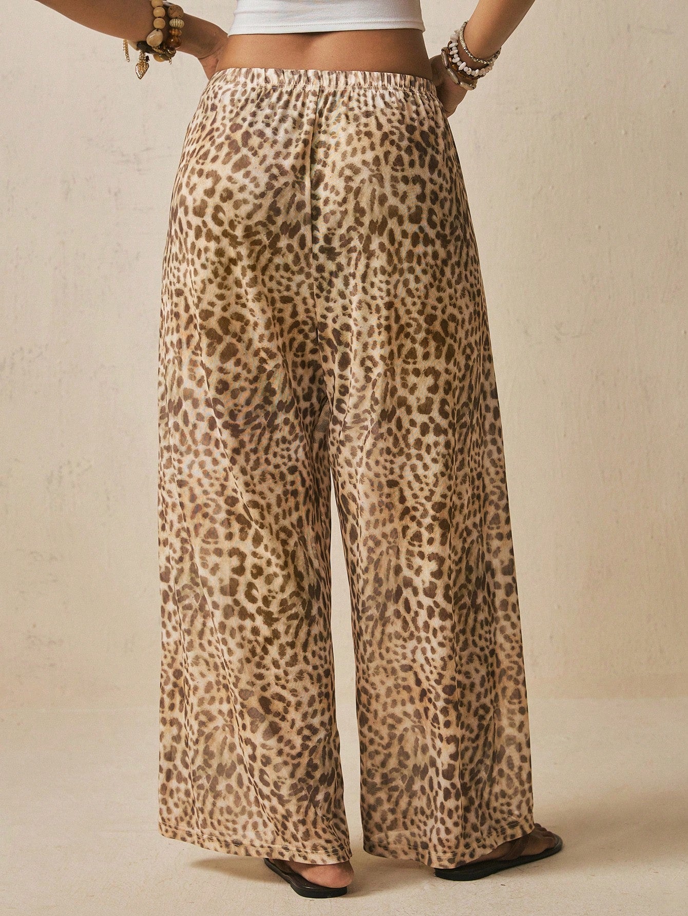 Freevana Boho Beach Vacation Style Sexy Leopard Print Drawstring Wide Leg Pants Flowy Cover Up Trousers