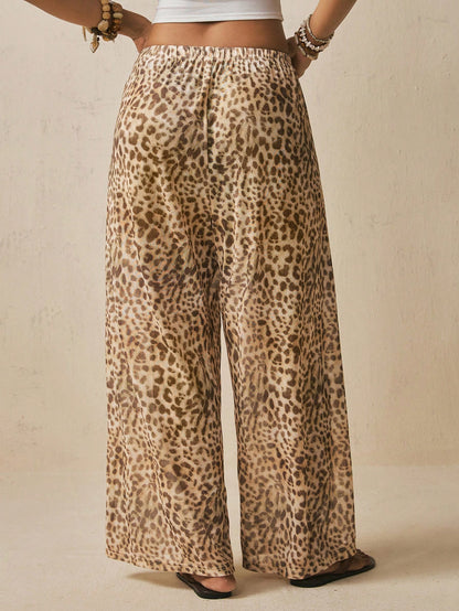 Freevana Boho Beach Vacation Style Sexy Leopard Print Drawstring Wide Leg Pants Flowy Cover Up Trousers