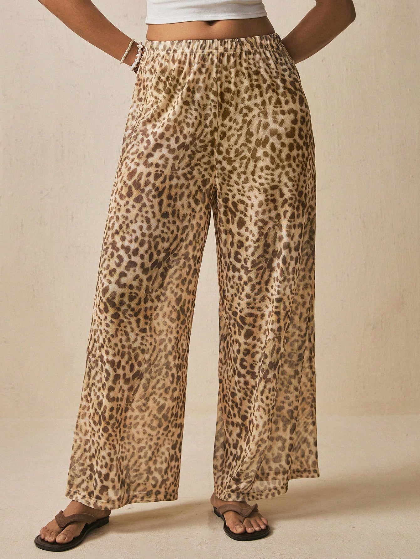 Freevana Boho Beach Vacation Style Sexy Leopard Print Drawstring Wide Leg Pants Flowy Cover Up Trousers
