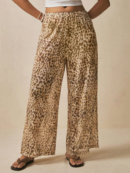 Freevana Boho Beach Vacation Style Sexy Leopard Print Drawstring Wide Leg Pants Flowy Cover Up Trousers