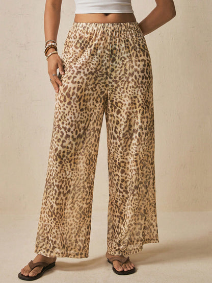 Freevana Boho Beach Vacation Style Sexy Leopard Print Drawstring Wide Leg Pants Flowy Cover Up Trousers