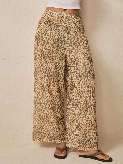 Freevana Boho Beach Vacation Style Sexy Leopard Print Drawstring Wide Leg Pants Flowy Cover Up Trousers