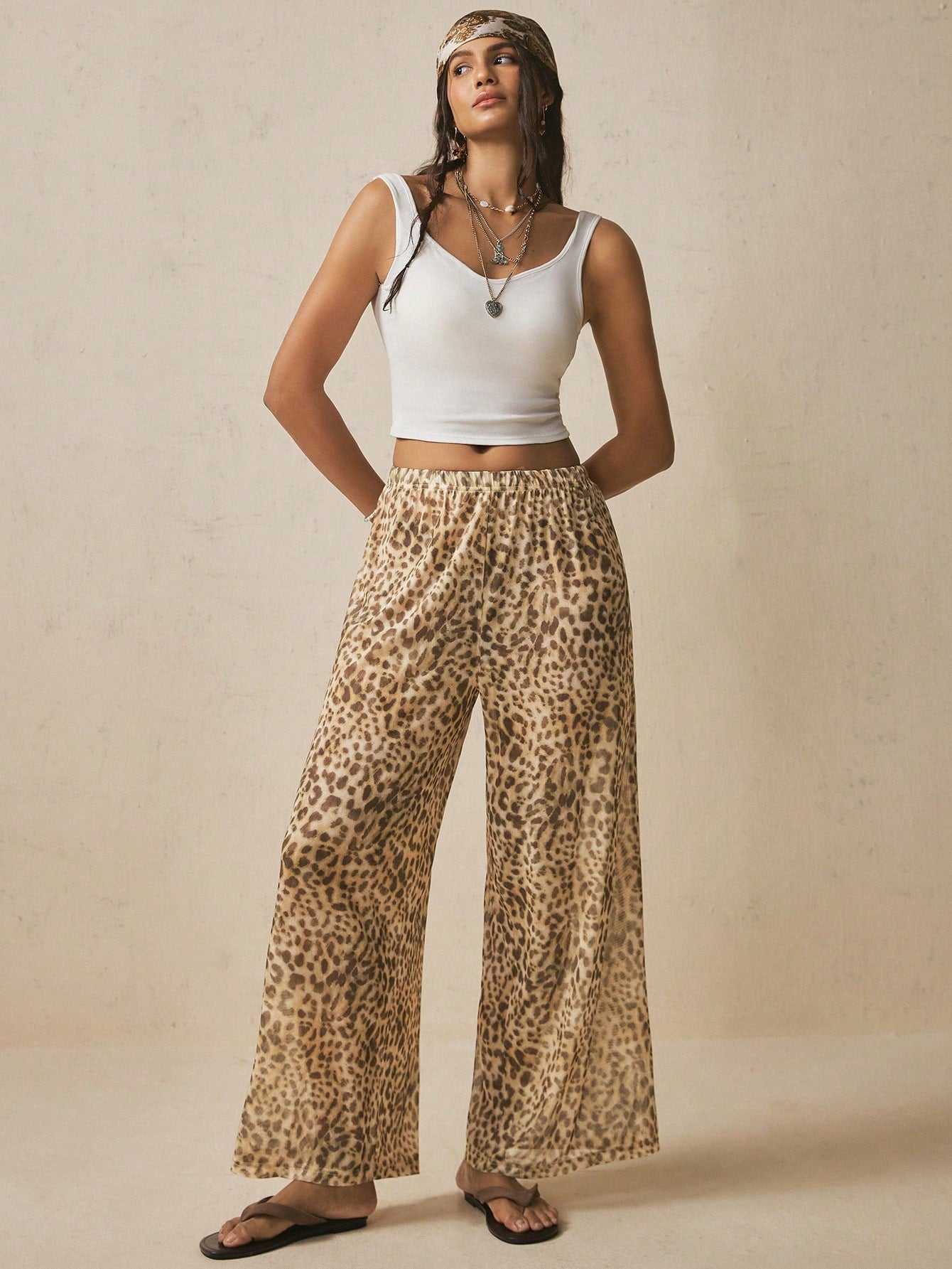 Freevana Boho Beach Vacation Style Sexy Leopard Print Drawstring Wide Leg Pants Flowy Cover Up Trousers