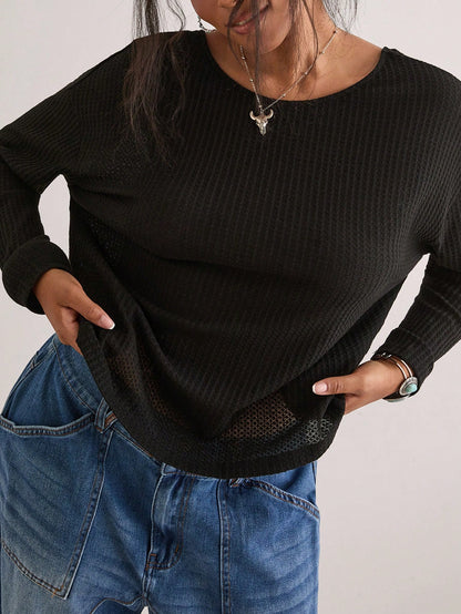 Freevana Plus-Size Long-Sleeved T-Shirt For Women, Black Textured, Open Back With Knot Design, Loose Fit, Elegant And Casual, Autumn/Winter Women's Clothing.
