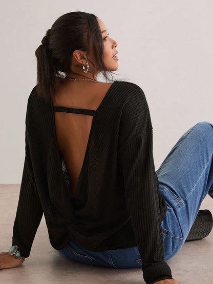 Freevana Plus-Size Long-Sleeved T-Shirt For Women, Black Textured, Open Back With Knot Design, Loose Fit, Elegant And Casual, Autumn/Winter Women's Clothing.